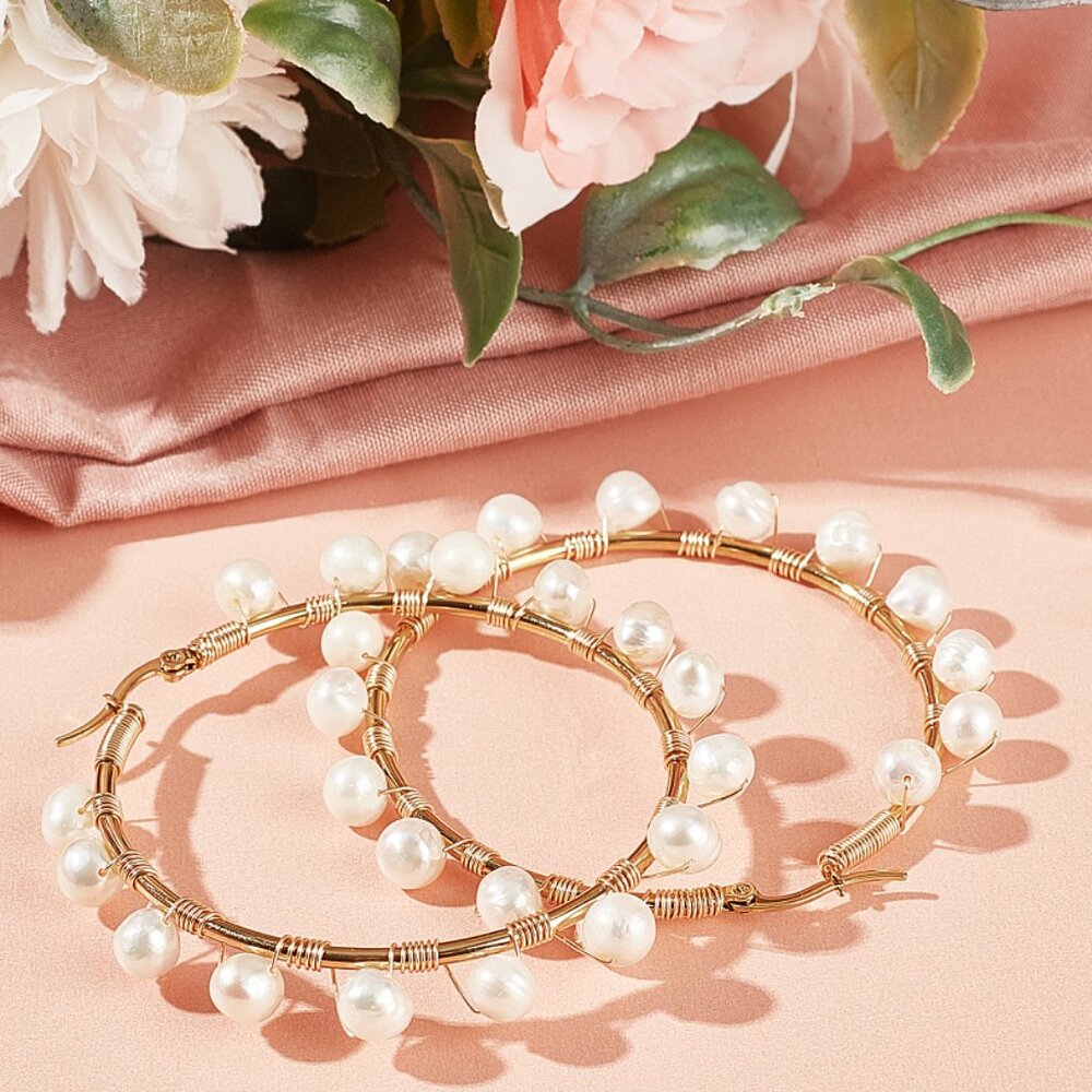 Extra Large wire wrapped Natural Pearls On Stainless Steel Hoops